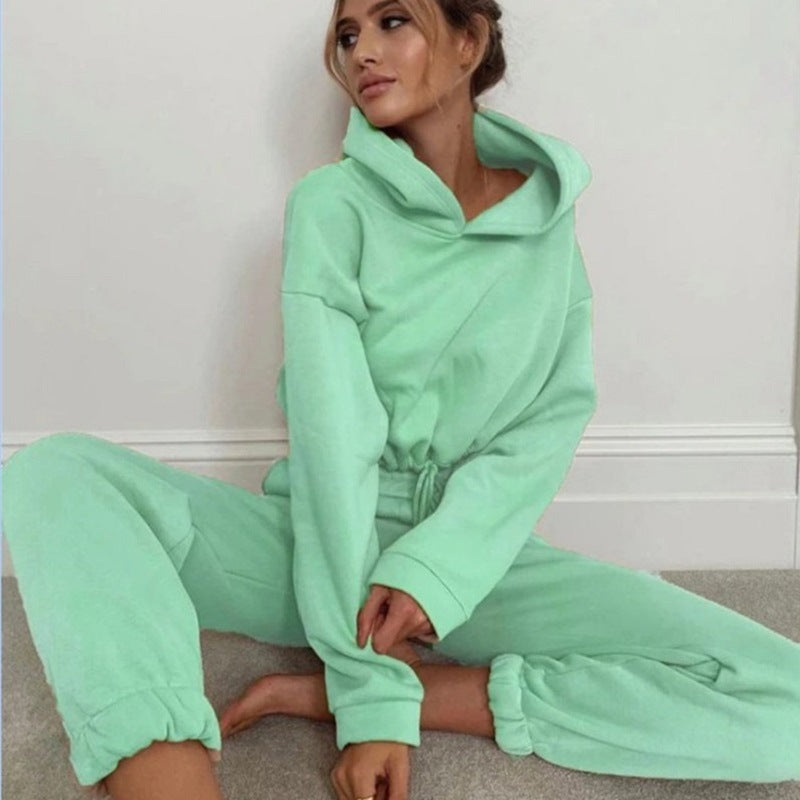 Sporty Pants Set- Sporty Tracksuit Pants and Crop Sweatshirt Hoodie- Green- Pekosa Women Clothing