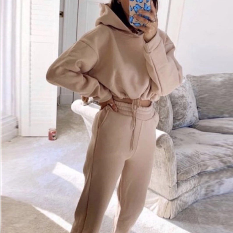 Sporty Pants Set- Sporty Tracksuit Pants and Crop Sweatshirt Hoodie- Khaki- Pekosa Women Clothing