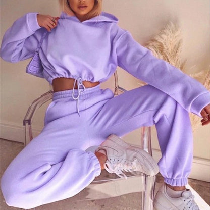 Sporty Pants Set- Sporty Tracksuit Pants and Crop Sweatshirt Hoodie- Purple- Pekosa Women Clothing