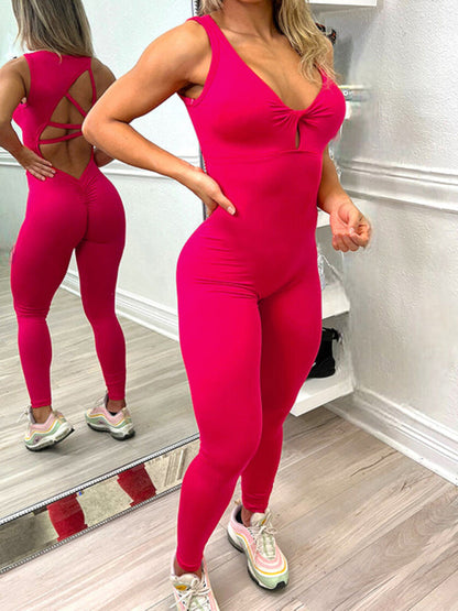 Sporty Pantsuits- Solid Backless Peach Tight Jumpsuit Unitard- - Pekosa Women Clothing