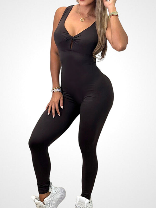 Sporty Pantsuits- Solid Backless Peach Tight Jumpsuit Unitard- - Pekosa Women Clothing