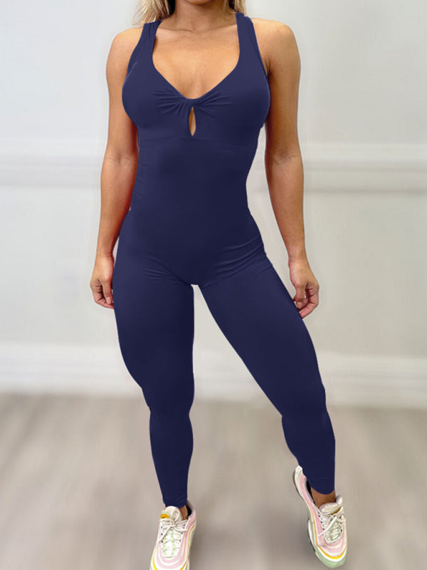 Sporty Pantsuits- Solid Backless Peach Tight Jumpsuit Unitard- Champlain color- Pekosa Women Clothing