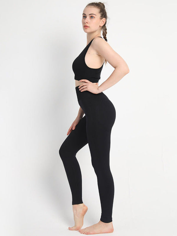 Sporty Set- Gradient Butt Lifting Leggings + Racerback Tank Top- Black- Pekosa Women Clothing