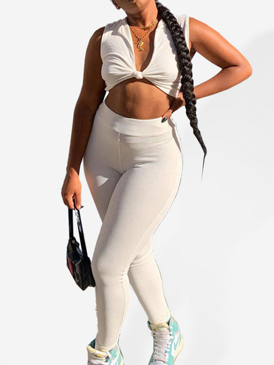 Sporty Set- Solid Stretchy Leggings + Crop Knot Top- White- Pekosa Women Clothing