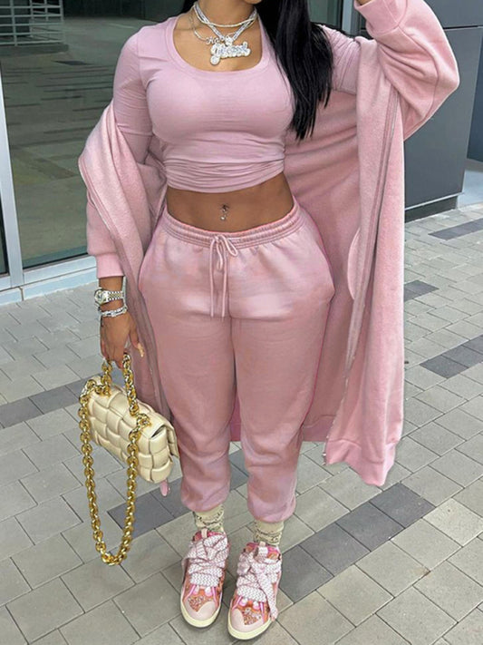 Sporty Set- Sporty Cozy Set Fleece Pencil Pants and Long Hoodie- Pink- Pekosa Women Clothing