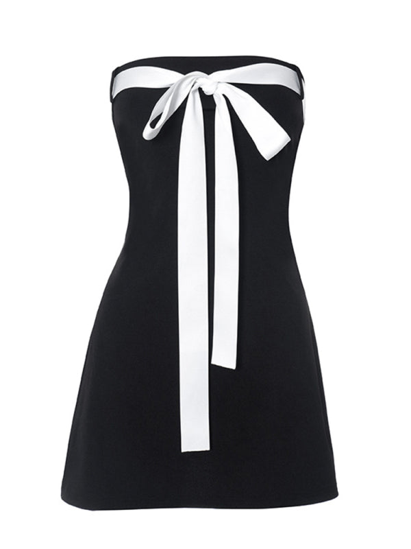 Strapless Dresses- A-Line Tube Dress with Bow-Tie Front- - Pekosa Women Clothing