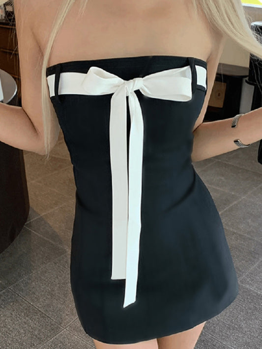 Strapless Dresses- A-Line Tube Dress with Bow-Tie Front- Black- Pekosa Women Clothing