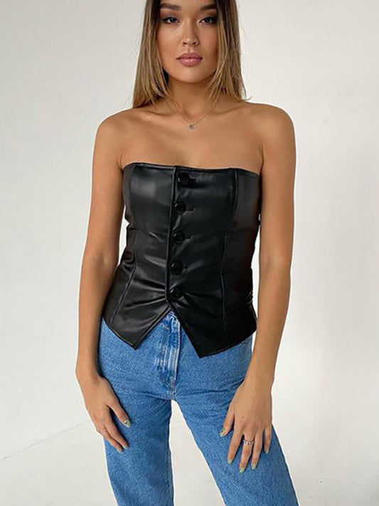 Strapless Tops- Button-Front Strapless Faux Leather Tube Top- Black- Pekosa Women Clothing