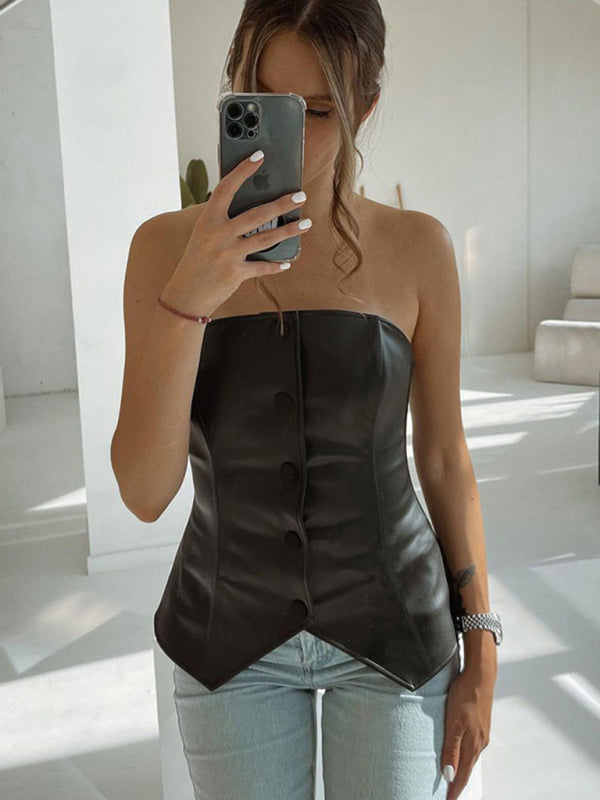 Strapless Tops- Button-Front Strapless Faux Leather Tube Top- - Pekosa Women Clothing