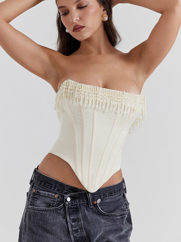 Strapless Tops- Elegant Satin Corset Strapless Tight Top with Pearls Fringe- White- Pekosa Women Clothing