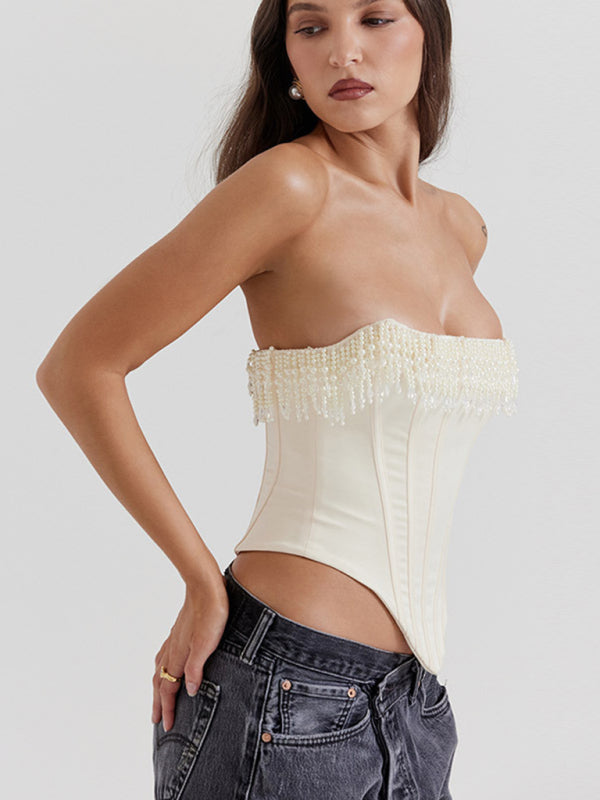 Strapless Tops- Elegant Satin Corset Strapless Tight Top with Pearls Fringe- - Pekosa Women Clothing