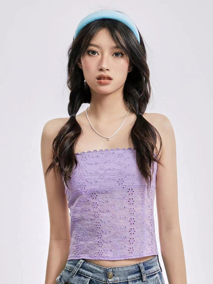 Strapless Tops- Eyelet Strapless Bandeau Top- Purple- Pekosa Women Clothing