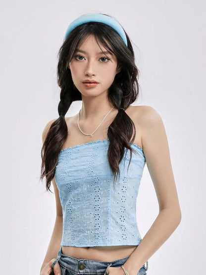 Strapless Tops- Eyelet Strapless Bandeau Top- Blue- Pekosa Women Clothing