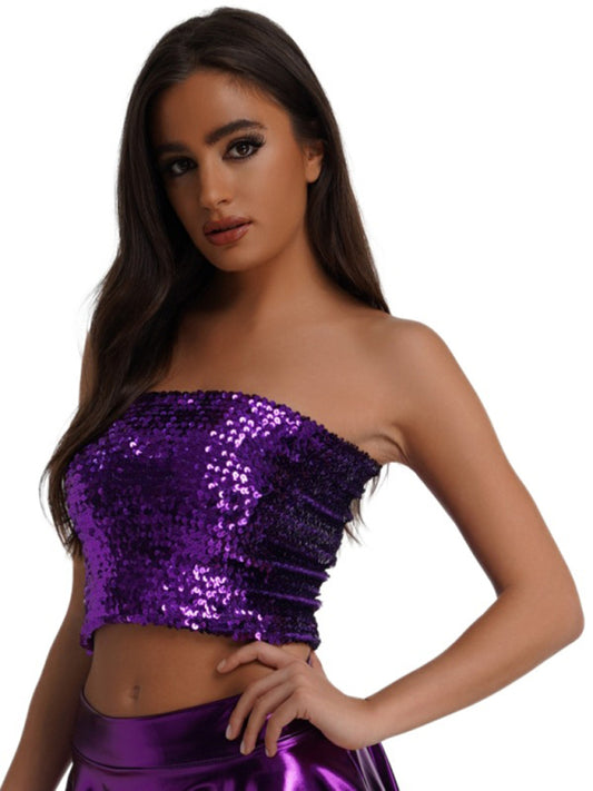 Strapless Tops- Festive Sparkle High Stretch Sequin Tube Crop Top- Purple- Pekosa Women Clothing