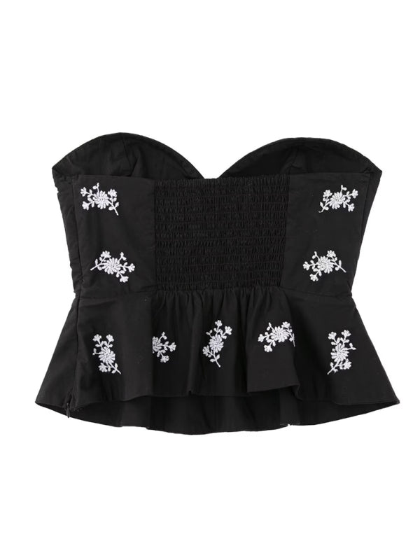 Strapless Tops- Strapless Peplum Tube Top in Summer Floral Embroidery- - Pekosa Women Clothing