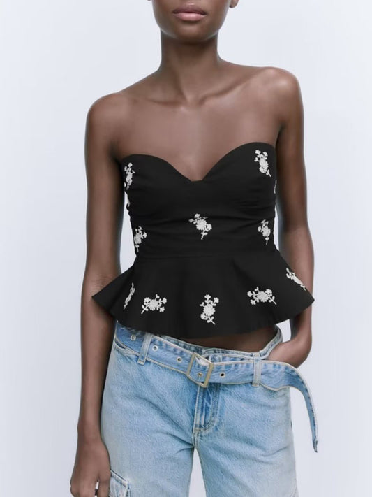 Strapless Tops- Strapless Peplum Tube Top in Summer Floral Embroidery- Black- Pekosa Women Clothing