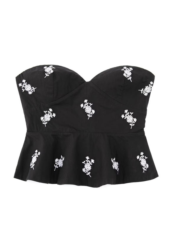 Strapless Tops- Strapless Peplum Tube Top in Summer Floral Embroidery- - Pekosa Women Clothing