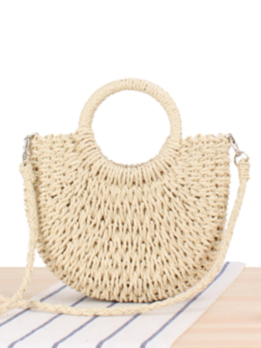 Straw Bags- Half round straw woven bag beach hand woven bag holiday women's bagBraided Round Straw Shoulder Bag- Cream- Pekosa Women Clothing