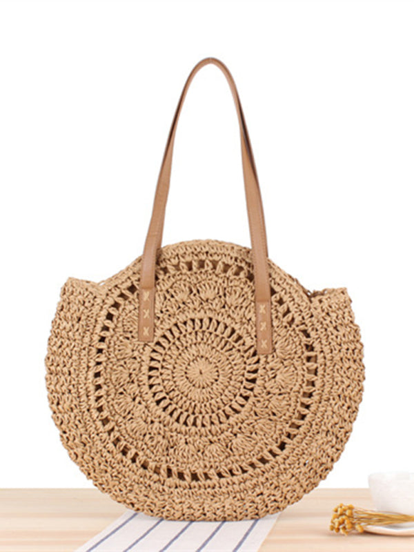 Straw Bags- Summer Round Straw Shoulder Bag- Brown- Pekosa Women Clothing