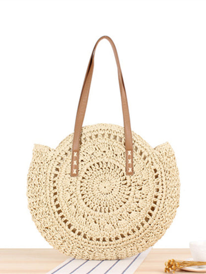 Straw Bags- Summer Round Straw Shoulder Bag- Khaki- Pekosa Women Clothing