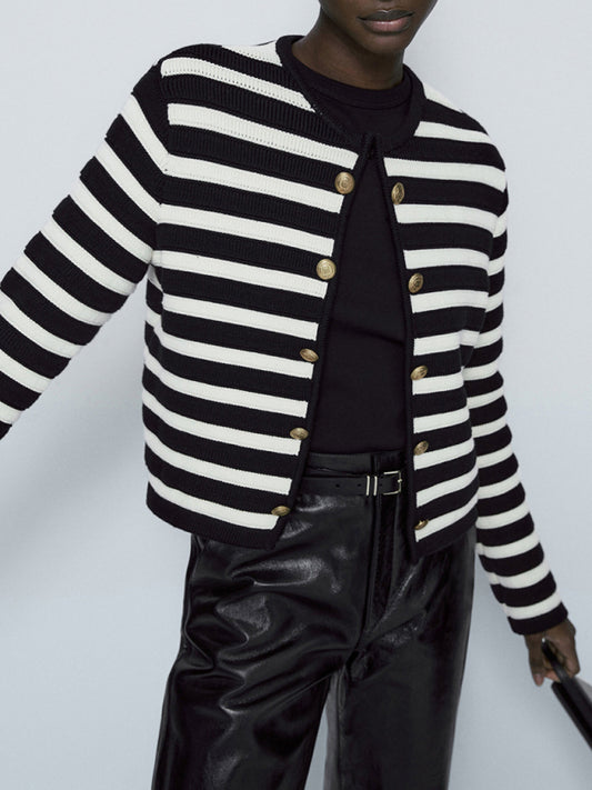 Stripe Jackets- Women's Striped Cotton Winter Jacket - Dressy Knit Outerwear- Black- Pekosa Women Clothing