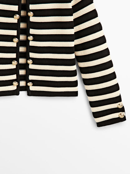 Stripe Jackets- Women's Striped Cotton Winter Jacket - Dressy Knit Outerwear- - Pekosa Women Clothing