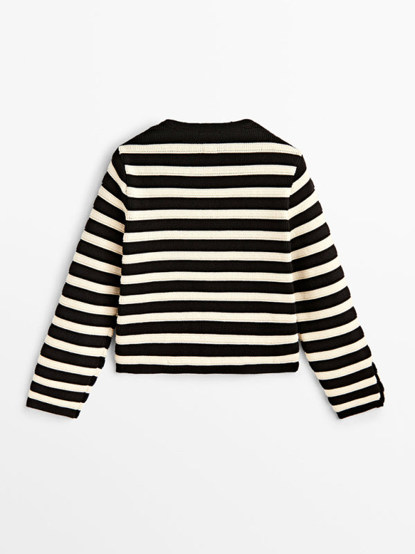 Stripe Jackets- Women's Striped Cotton Winter Jacket - Dressy Knit Outerwear- - Pekosa Women Clothing