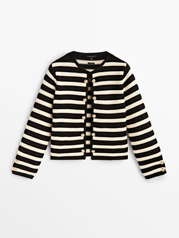 Stripe Jackets- Women's Striped Cotton Winter Jacket - Dressy Knit Outerwear- - Pekosa Women Clothing