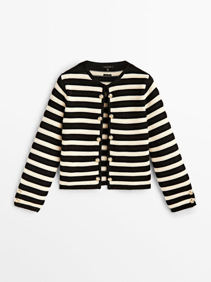 Stripe Jackets- Women's Striped Cotton Winter Jacket - Dressy Knit Outerwear- - Pekosa Women Clothing