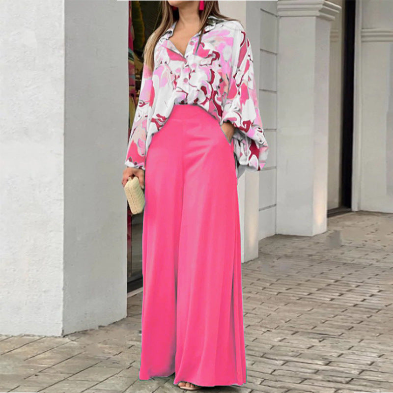 Suit - Pants and Top- Boho Two-Piece Outfit: Bell Sleeve Shirt Blouse + Wide Leg Trousers- Pink- Pekosa Women Clothing