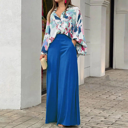 Suit - Pants and Top- Boho Two-Piece Outfit: Bell Sleeve Shirt Blouse + Wide Leg Trousers- Blue- Pekosa Women Clothing