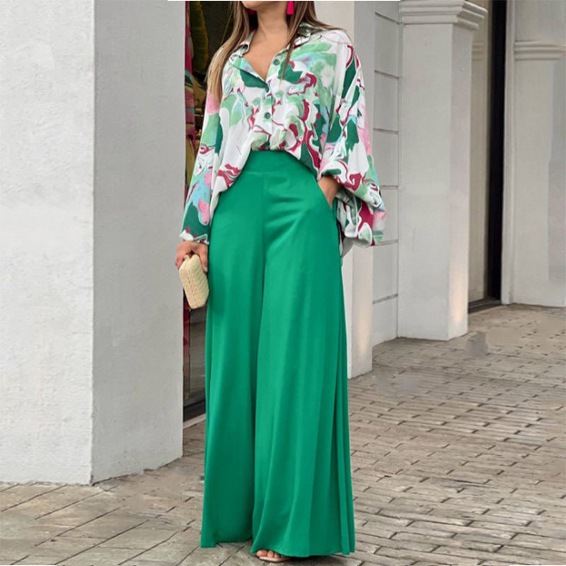 Suit - Pants and Top- Boho Two-Piece Outfit: Bell Sleeve Shirt Blouse + Wide Leg Trousers- Green- Pekosa Women Clothing