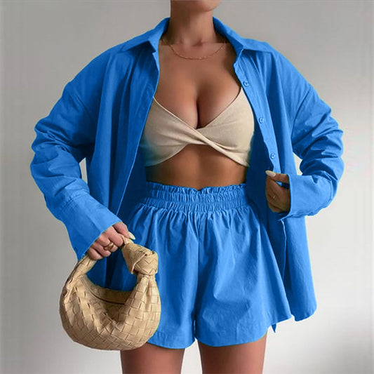 Suit - Two piece sets- Solid Cotton Set Shorts and Long Sleeve Shirt for Women- Blue- Pekosa Women Clothing