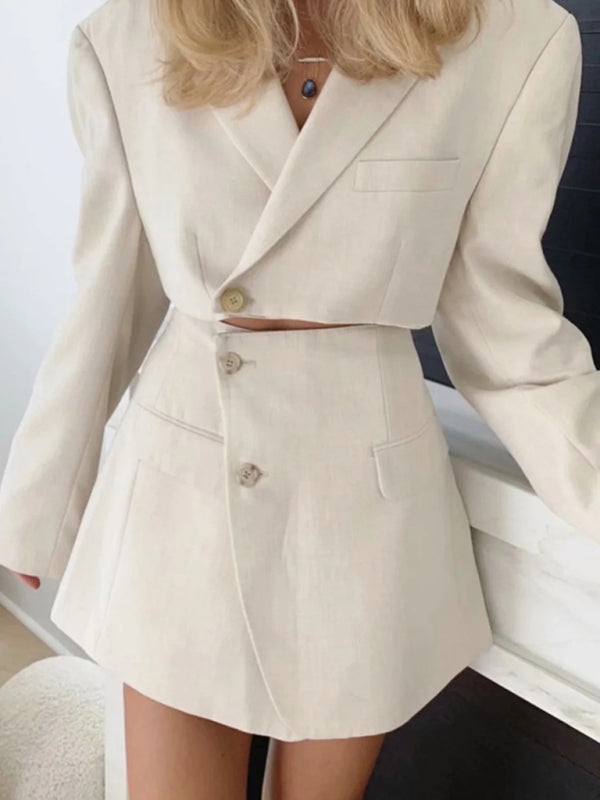 Suits- 2-Piece Summer Business Suit with Crop Blazer & Wrap Midi Skirt- - Pekosa Women Fashion