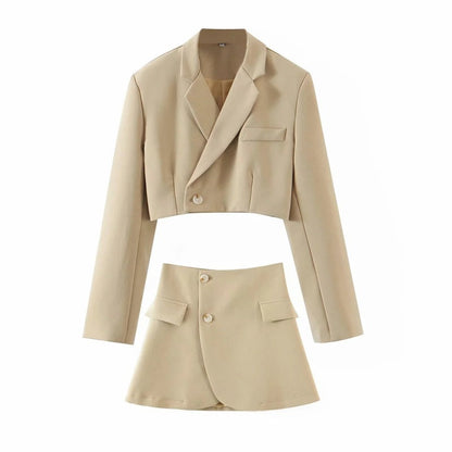 Suits- 2-Piece Summer Business Suit with Crop Blazer & Wrap Midi Skirt- Khaki- Pekosa Women Fashion