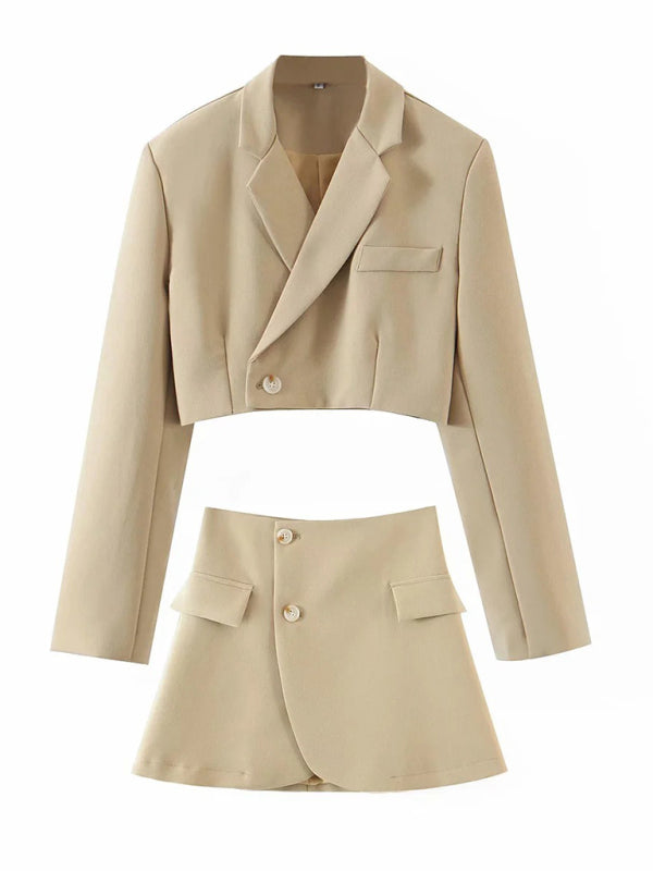 Suits- 2-Piece Summer Business Suit with Crop Blazer & Wrap Midi Skirt- - Pekosa Women Fashion