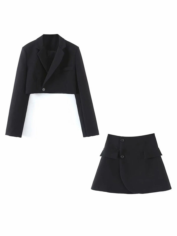 Suits- 2-Piece Summer Business Suit with Crop Blazer & Wrap Midi Skirt- Black- Pekosa Women Fashion