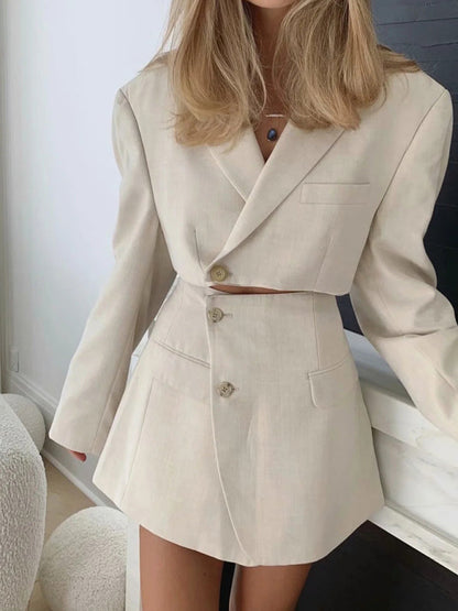 Suits- 2-Piece Summer Business Suit with Crop Blazer & Wrap Midi Skirt- White- Pekosa Women Fashion