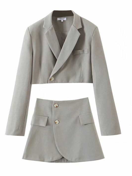 Suits- 2-Piece Summer Business Suit with Crop Blazer & Wrap Midi Skirt- Grey- Pekosa Women Fashion