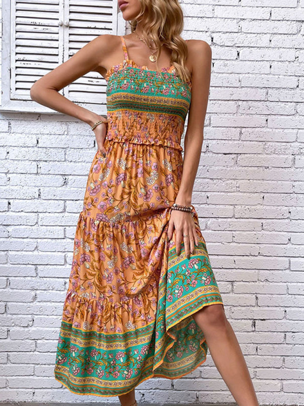 - Summer Boho Floral A-Line Midi Dress with Smocked Bodice & Tiered Design- Orange- Pekosa Women Clothing