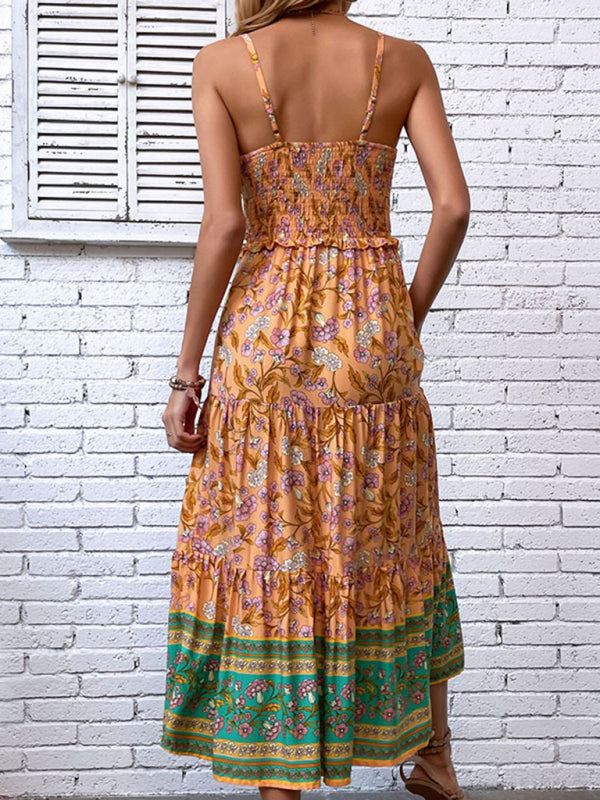 - Summer Boho Floral A-Line Midi Dress with Smocked Bodice & Tiered Design- - Pekosa Women Clothing