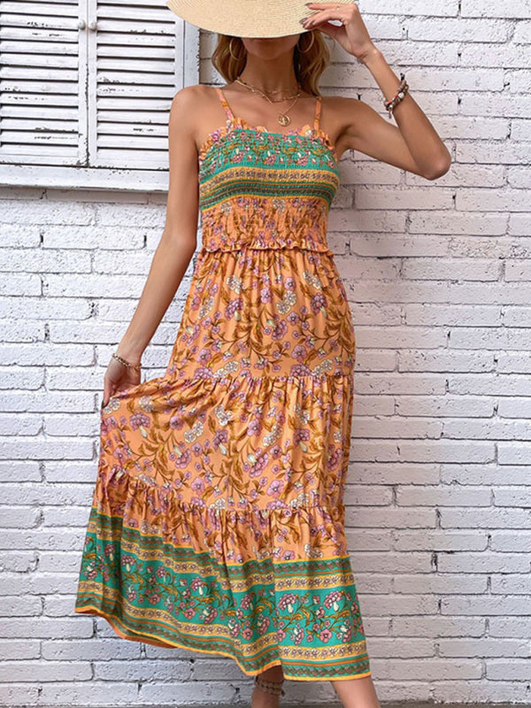 - Summer Boho Floral A-Line Midi Dress with Smocked Bodice & Tiered Design- - Pekosa Women Clothing