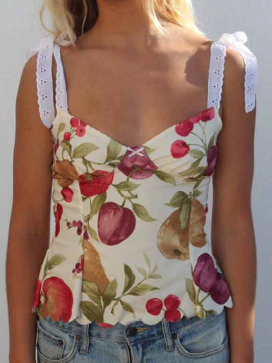 Summer Camis- Tie-Shoulder Cami in Floral Print - Summer Top with Lace-Up Back- Light yellow- Pekosa Women Fashion