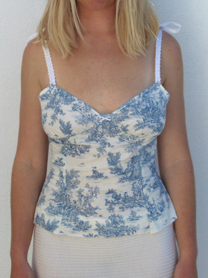 Summer Camis- Tie-Shoulder Cami in Floral Print - Summer Top with Lace-Up Back- Blue- Pekosa Women Fashion