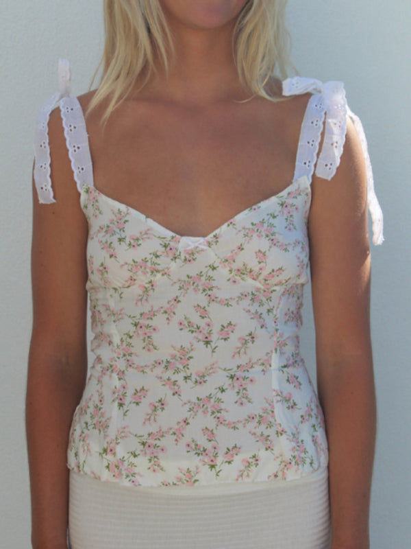 Summer Camis- Tie-Shoulder Cami in Floral Print - Summer Top with Lace-Up Back- White- Pekosa Women Fashion