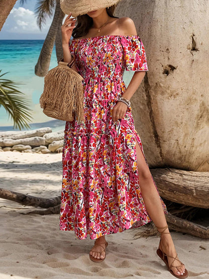 Summer Dresses- Boho Floral Off-Shoulder Tiered Midi Sundress - Smocked A-Line Dress- - Pekosa Women Fashion