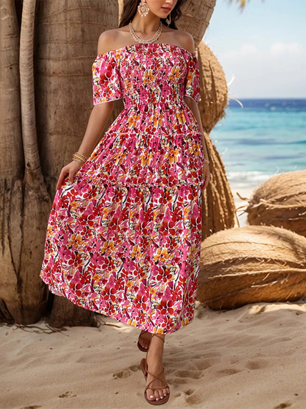 Summer Dresses- Boho Floral Off-Shoulder Tiered Midi Sundress - Smocked A-Line Dress- - Pekosa Women Fashion