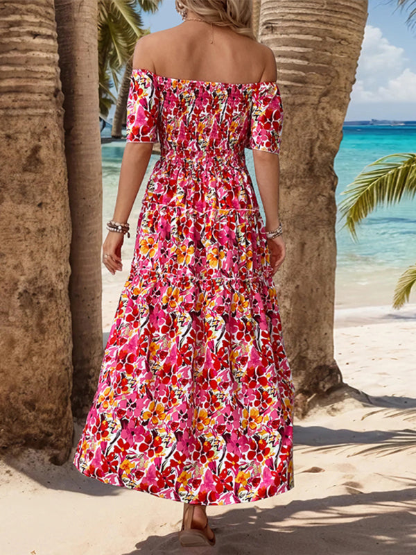 Summer Dresses- Boho Floral Off-Shoulder Tiered Midi Sundress - Smocked A-Line Dress- - Pekosa Women Fashion