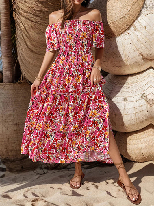 Summer Dresses- Boho Floral Off-Shoulder Tiered Midi Sundress - Smocked A-Line Dress- Red- Pekosa Women Fashion
