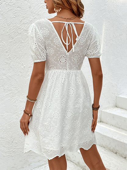 Summer Dresses- Embroidery Eyelet Puff Sleeve A-Line Sundress- - Pekosa Women Fashion